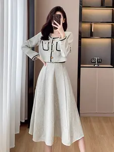 Women's Elegant Woven Colorblock Hem Long Sleeve Top & Mid-Length Skirt Set, Fall Winter Fitted, Fashionable Ladies Clothing