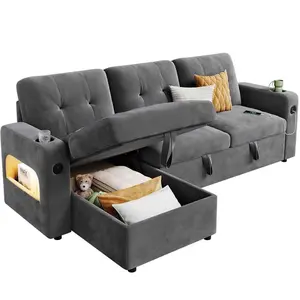 84" Modern L-Shaped Sleeper Sofa with Storage & Charging Station, Convertible Sectional Sofa Bed with LED Lights, USB/Type-C Ports, Reversible Chaise Sofa for Living Room, Apartment