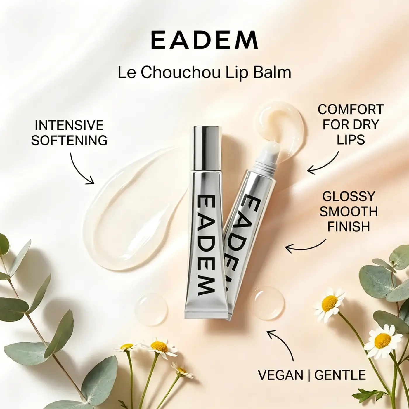EADEM Le Chouchou 3‑Pack Tinted Lip Balm, Sheer Nude Glossy Lip Treatment, Vegan Non‑Sticky All‑Day Hydrating Moisturizer for Dry Lips, Lightweight Smooth Everyday Lip Shine