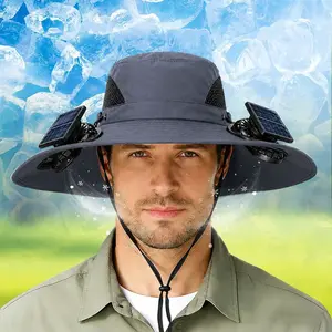 Solar outdoor fishing hat with 2 fans, wide brim for summer sun protection, bucket hat style, quick-drying, rechargeable, adjustable headband, cool and breathable, high airflow, long battery life, suitable for various outdoor activities.