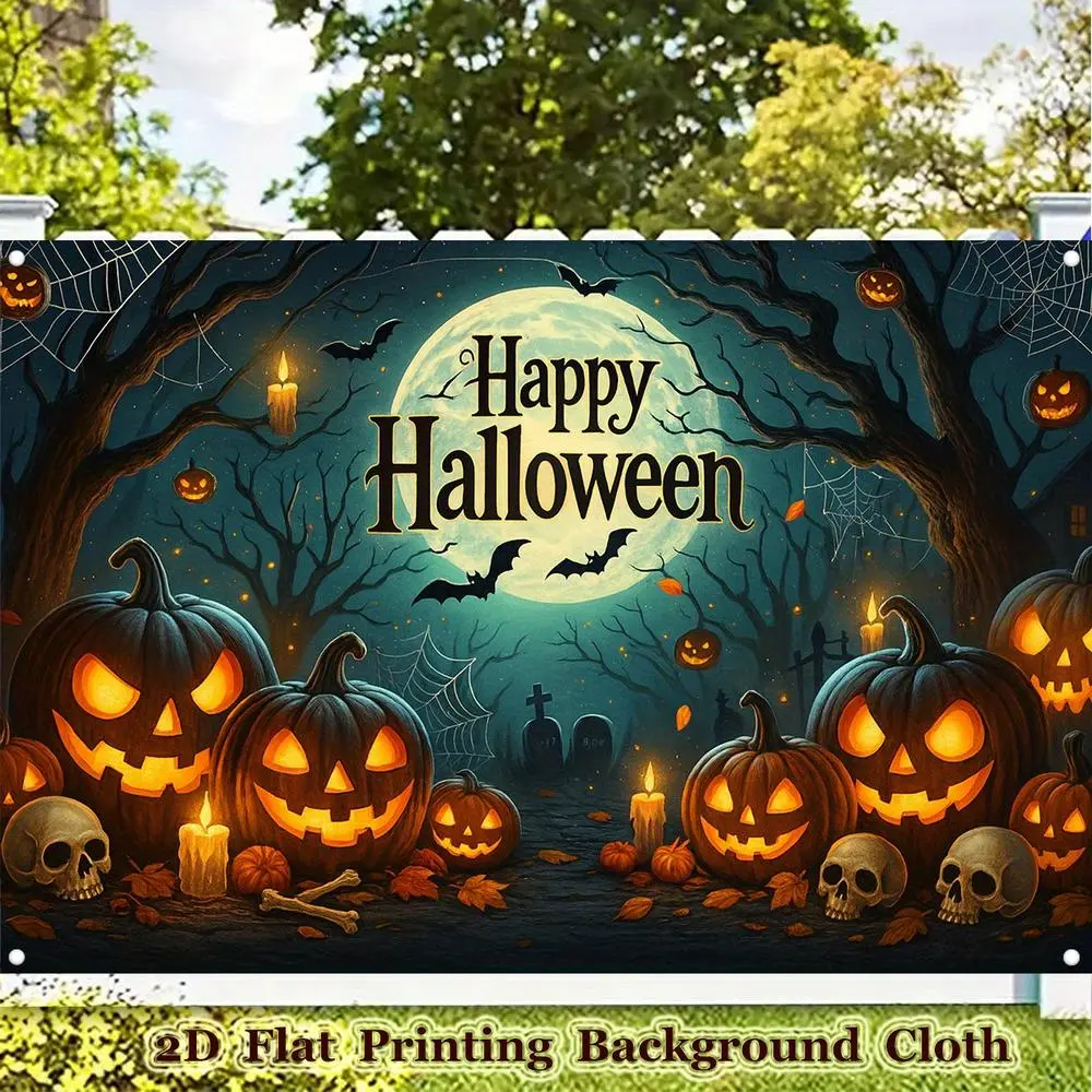 1pc 2D Flat Polyester Spooky Halloween Gothic Horror Backdrop Banner - Moonlit Jack-O'-Lanterns, Haunted Forest, Bats, Skeletons, Witch-Printed Scene - Party Decoration, Photo Shoot Supply, Party Decoration Supplies, Backdrop Picture