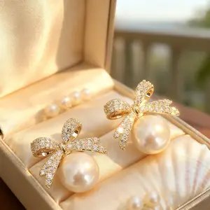 Summer Bow Dangle Earrings! Faux Pearl & Rhinestone Elegant Women's Gift Jewelry