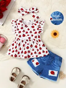 Baby Girl Ruffle Sleeve Cute Pattern Ladybug T-Shirt And Shorts Outdoor Set, Toddler Girl Casual Summer Outfit