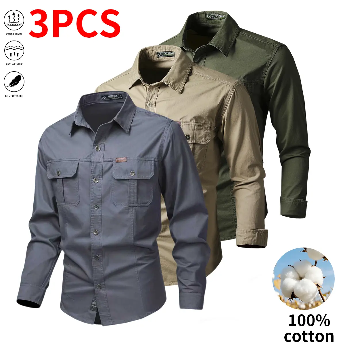 Set of three pure cotton long-sleeve work shirts for men: button-up work/utility tactical shirt for fishing and hunting; casual loose-fit long-sleeve button shirt with two pockets, suitable for outdoor hunting.,summerwins,father'sdaygifts