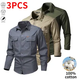 Set of three pure cotton long-sleeve work shirts for men: button-up work/utility tactical shirt for fishing and hunting; casual loose-fit long-sleeve button shirt with two pockets, suitable for outdoor hunting.,summervibes