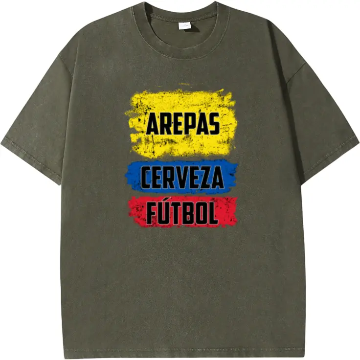Unisex Cotton Short-Sleeve Casual T-Shirt with Arepas, Cerveza, Futbol, Distressed Colombian Flag Prints