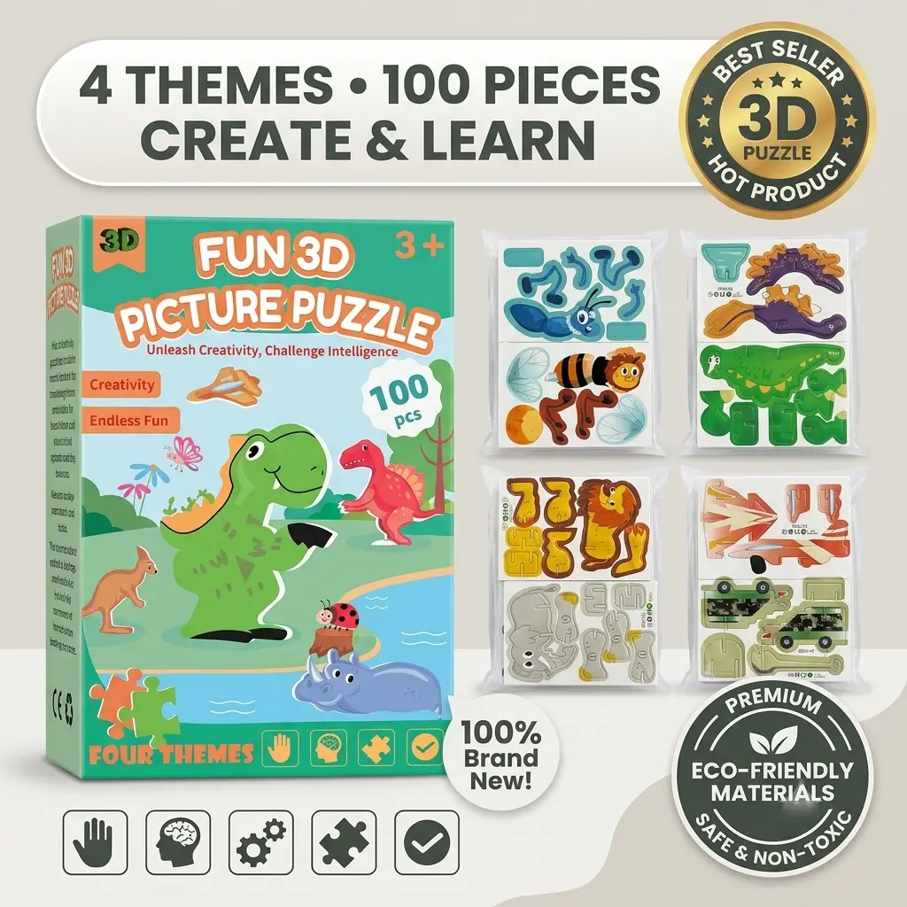 3D Picture Puzzle for Toddlers 3+ | 100Pcs 4 Themes Animal & Car Cartoon Paper Jigsaw | Eco-Friendly Non-Toxic Educational STEM Toy for Kids Creative Learning & Toddler Gift