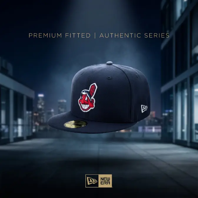 New Era Premium Fitted Authentic Series Cleveland Indians Baseball Cap Navy Blue