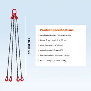 VEVOR Chain Sling, 1/4 inchx 5 ft Lifting Chains with Hooks, G80 Engine Chain Hoist Lifts, 6600 lbs/3 Ton Lifting Sling Chains for Engine Hoist, Engine Lift Chain with 4 Leg Grab Hooks and Adjusters