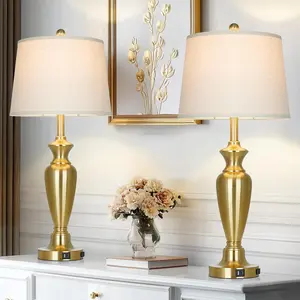30" Tall Gold Table Lamps Set of 2 for Living Room, Touch Control Bedside Lamps for Nightstand, 3-Way Dimmable Bedroom Table Lamp with USB A+C Ports and AC Outlet (2 LED Bulbs Included)