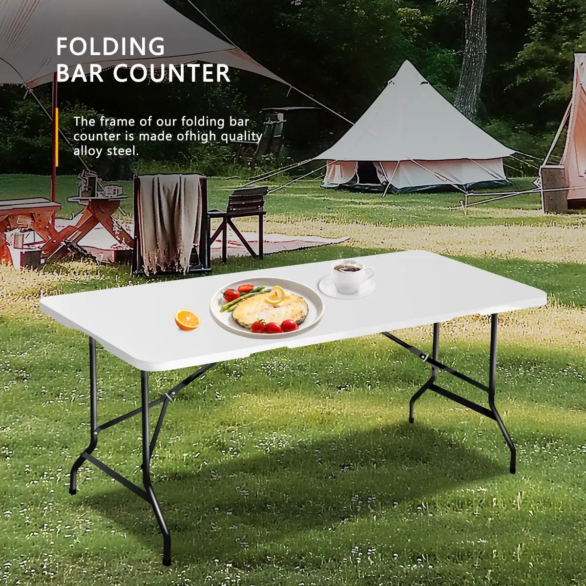 Portable Folding Plastic Table White - Heavy Duty Outdoor Picnic Table with Lock & Handle for Camping Party Wedding Events