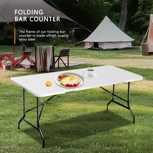 Portable Folding Plastic Table White - Heavy Duty Outdoor Picnic Table with Lock & Handle for Camping Party Wedding Events