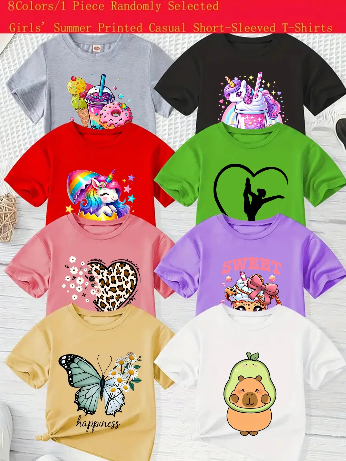 Girls' Summer Casual Long Sleeve T-Shirt, Unicorn & Butterfly Print, Fitted Comfortable Top, Random Style Sent, Perfect Gift Idea