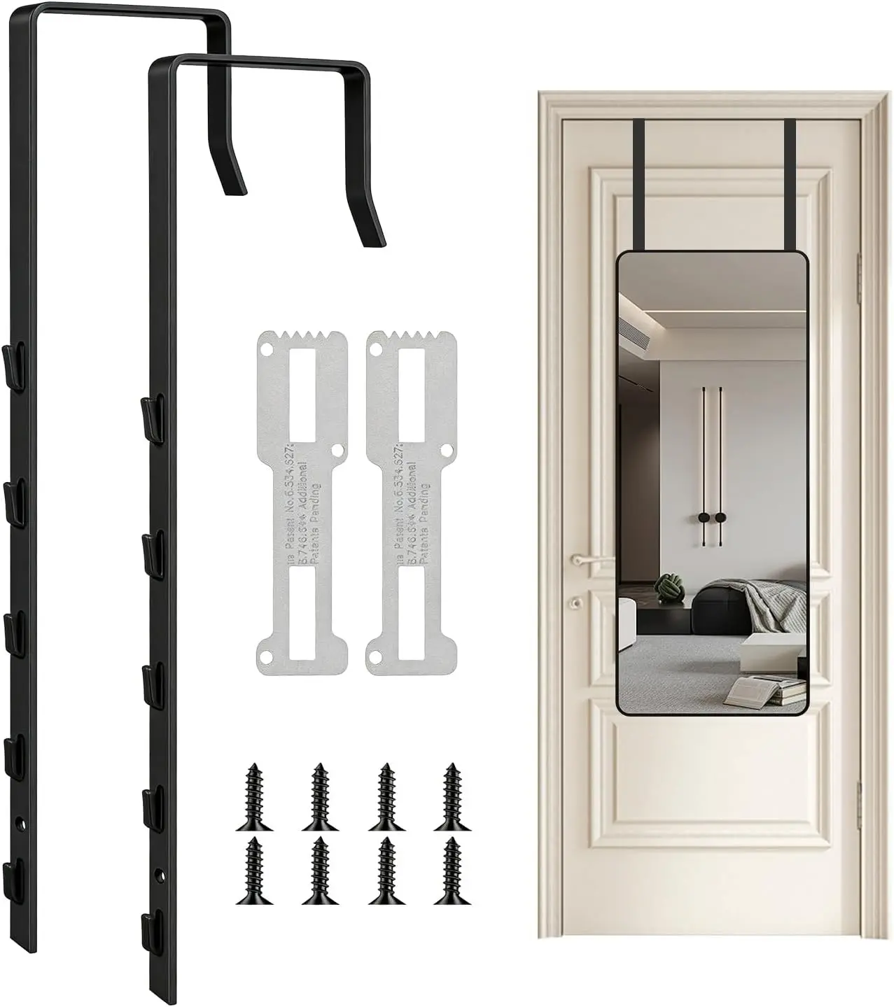 Over The Door Mirror Hanger, 2 PCS Adjustable Door Mirror Hook, Five-Hole Metal Mirror Hanger for Door, Fits Door Thickness Up to 1.8 Inch, Holds Mirrors with Back Holes (Black)