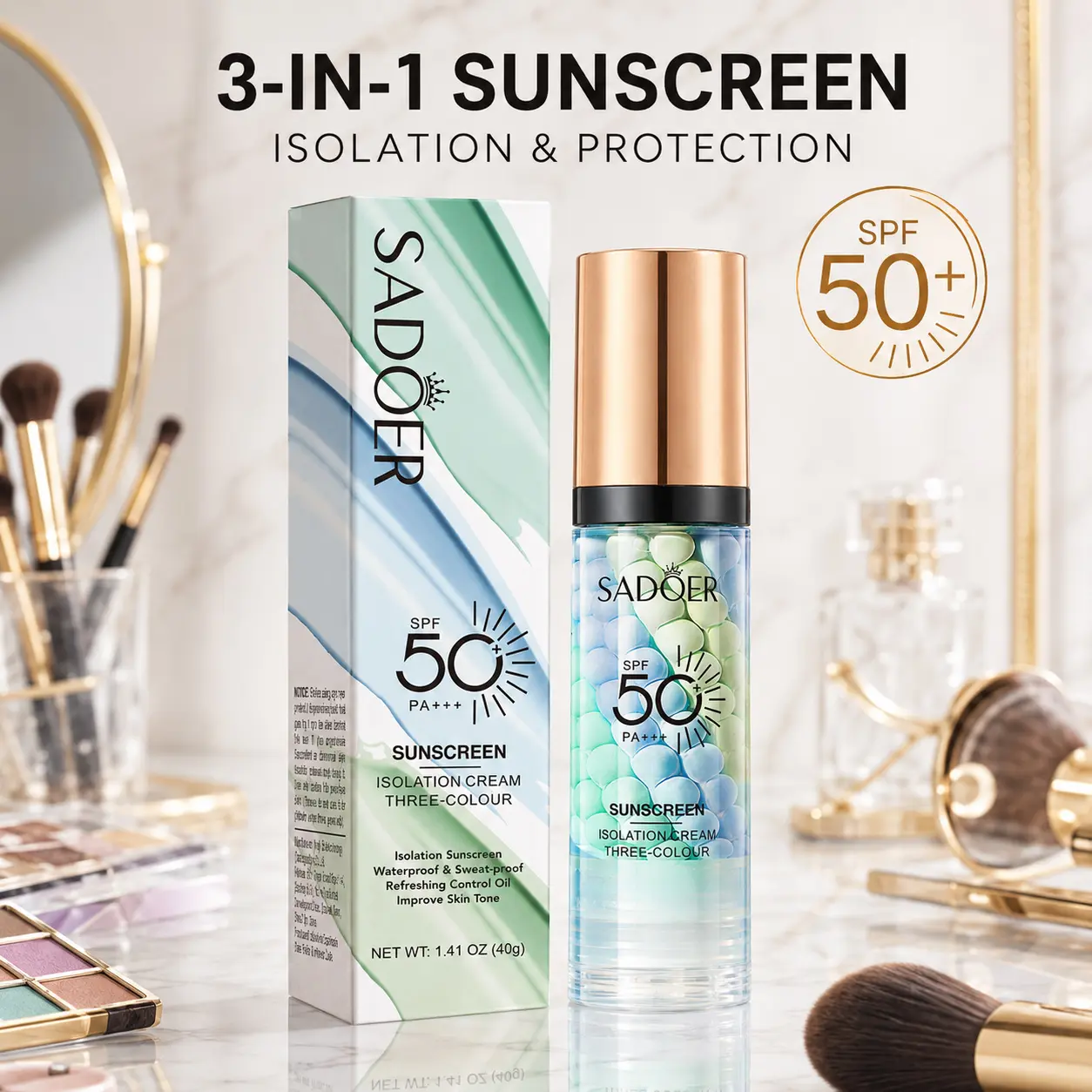 SPF 50+ PA+++ 3-in-1 Sunscreen Isolation Cream, Color Corrector Face Primer, Pre-Makeup Base for Oil Control, Moisturizing & Pore-Blurring, Luminous Even Skin Tone