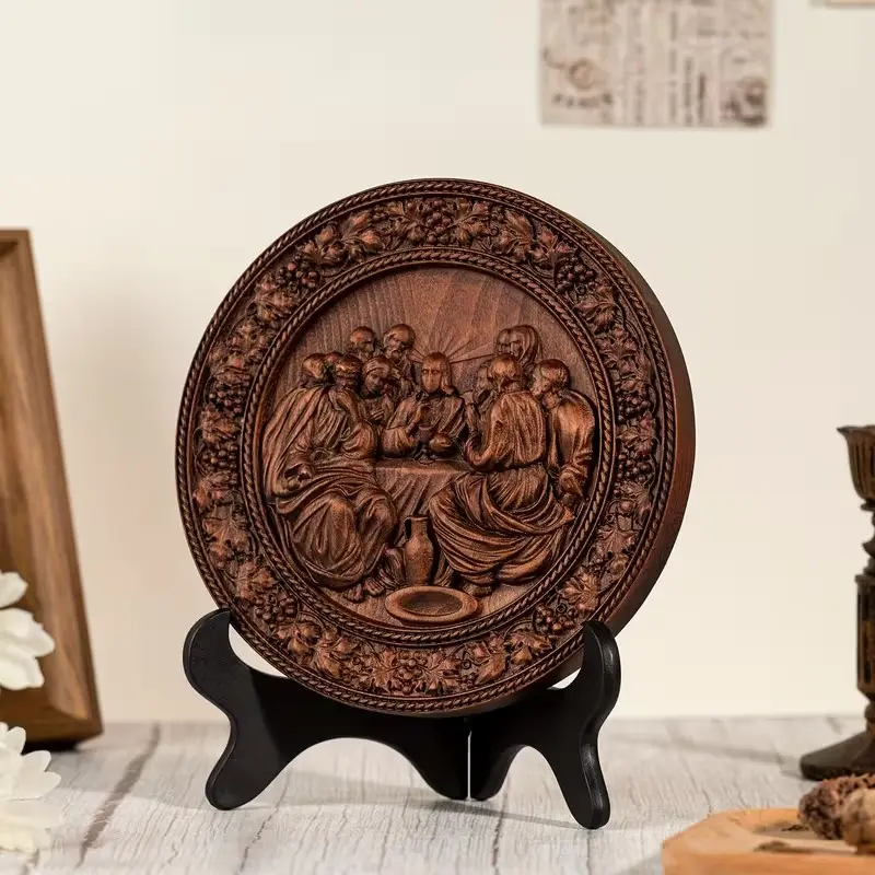 1pc 3DThe Last Supper round wooden carving ornament, carved from solid wood, suitable for hanging on the wall or placing on the table as a decorative round plate, can be given as a holiday gift to friends and relatives