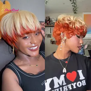ShowRealHair Red Pixie Cut Wigs Blonde with Copper Color Pixie Cut Wigs for Black Women Brazilian Virgin Human Hair Glueless 1b/blue Color Short Straight Pixie Cut Wigs With Bangs Coiffure Color for Daily Use
