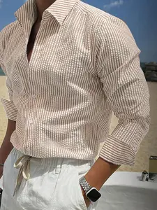 Men's Lightweight Long Sleeve Striped Shirt, Button Front Collared, Loose Fit Casual Wear, Comfortable and Fashionable, Suitable for Spring Summer Fall