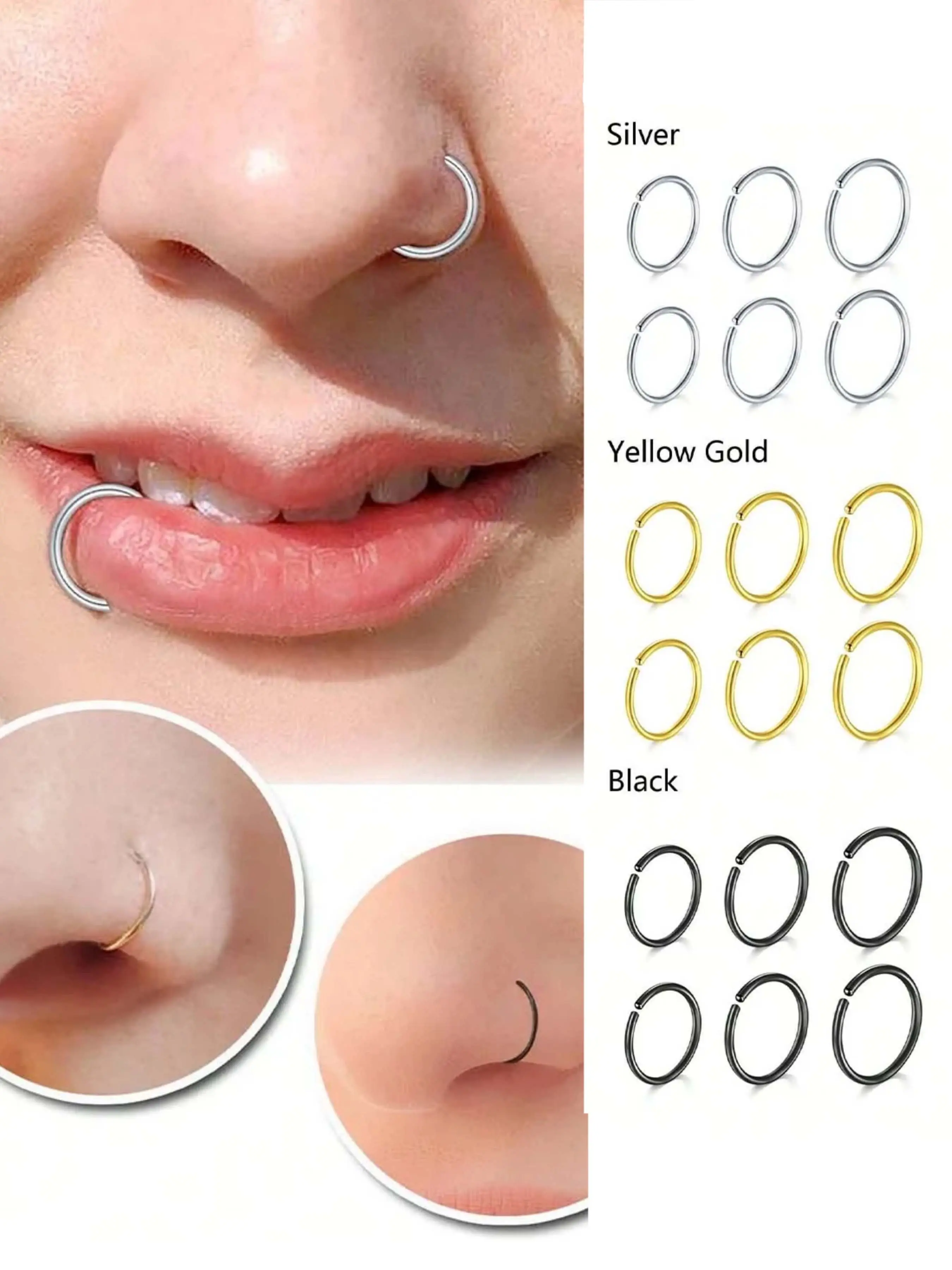 3PCS Nose Rings Hoops Surgical Steel Simple Small Nose Hoops Tragus Cartilage Helix Nose Septum Eyebrow Lip Ear Body Piercing Septum Clicker Nose Ring Jewelry