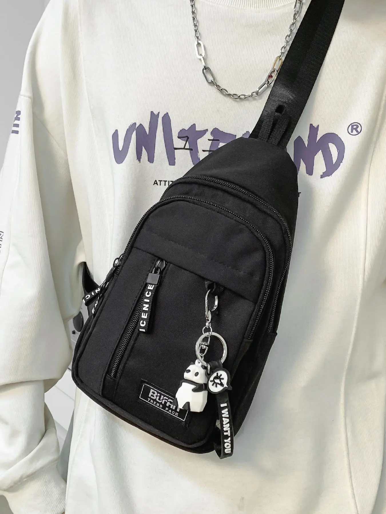Unisex Fashion Letters Patched Design Sling Bag with Panda Bag Charm, Casual Versatile Zipper Chest Bag for Daily Use, Casual Crossbody Bag, Fashionable Crossbody Bag, Casual Bags