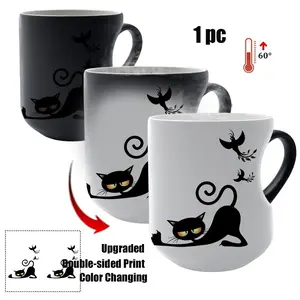 Thermosensitive Ceramic Mug Cat & Birds Design, Color-Changing 11oz Mug with Heart-Shaped Handle, Unique Gift for Coffee Lovers