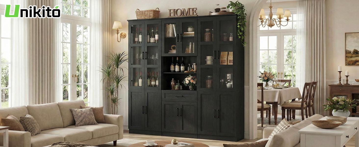 Unikito 79.7" Tall Farmhouse Wood Pantry Storage Cabinet - Freestanding Sturdy Hutch with Tempered Glass Door, Adjustable Shelves, Drawer, Solid Grain Finish, Anti-Tip Base, 3 Boxes, Assembly Required, Quick Setup, Living/Dining Room Display Unikito 79.7" Tall Farmhouse Wood Pantry Storage Cabinet - Freestanding Sturdy Hutch with Tempered Glass Door, Adjustable Shelves, Drawer, Solid Grain Finish, Anti-Tip Base, 3 Boxes, Assembly Required, Quick Setup, Living/Dining Room Display