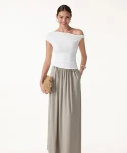 Soft Linen Knit Gathered A-Line Maxi Skirt with Pockets