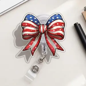 American Flag Bow Badge Reel Cute Patriotic Nurse ID Holder Retractable Lanyard Accessory For Work Gift USA Style Office Decor