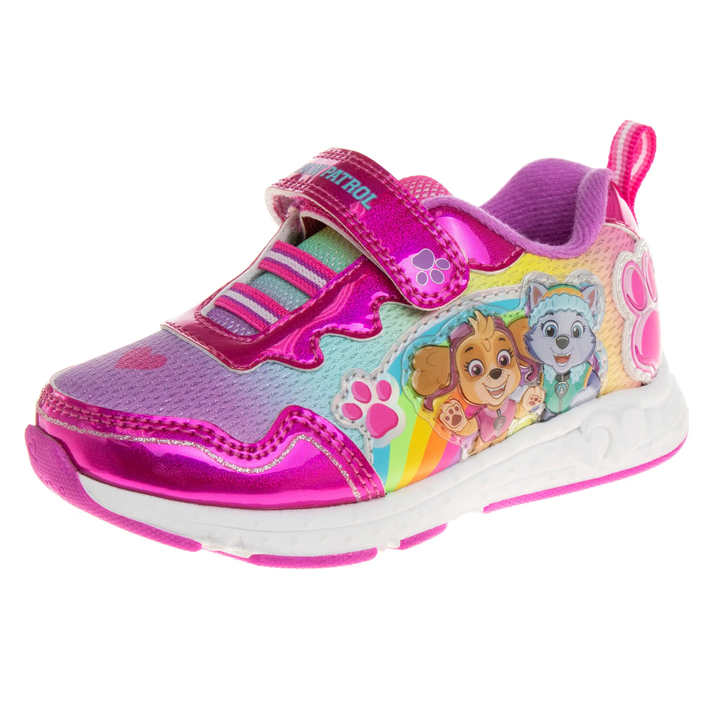 JOSMO KIDS Paw Patrol Girls' Light-Up Casual Low-Top Trainers - Skye & Everest Velcro Hook-and-Loop Shoes for 3-4Y Toddlers, Character Magic Fashion Sneakers, Size 10, Lightweight, Paw Prints, Rainbow Graphic, Pull-Loop Heel, Sporty Look