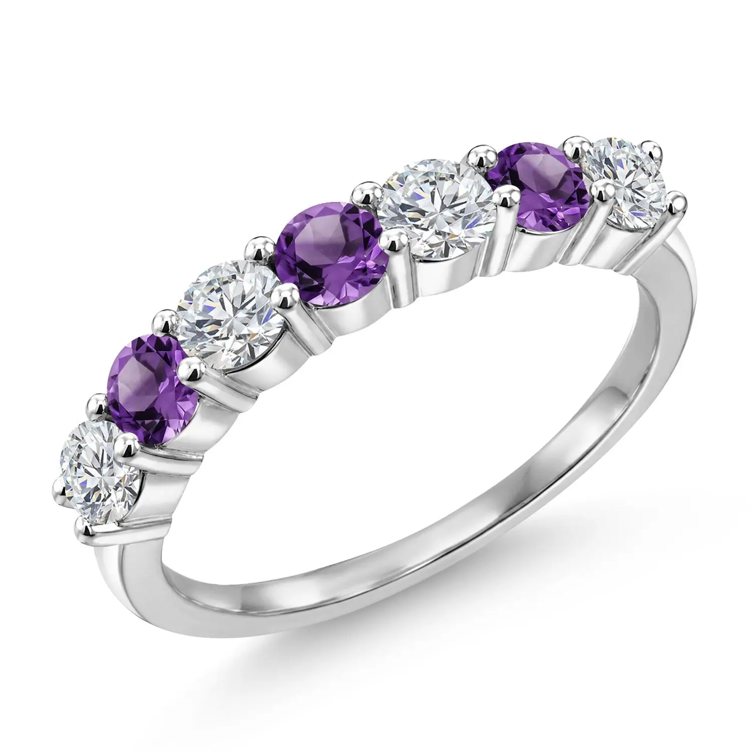 925 Sterling Silver White Lab Grown Diamond and Gemstone Birthstone Wedding Band Engagement Anniversary Ring | Round 3.5MM | 7 Stone Promise Ring For Women
