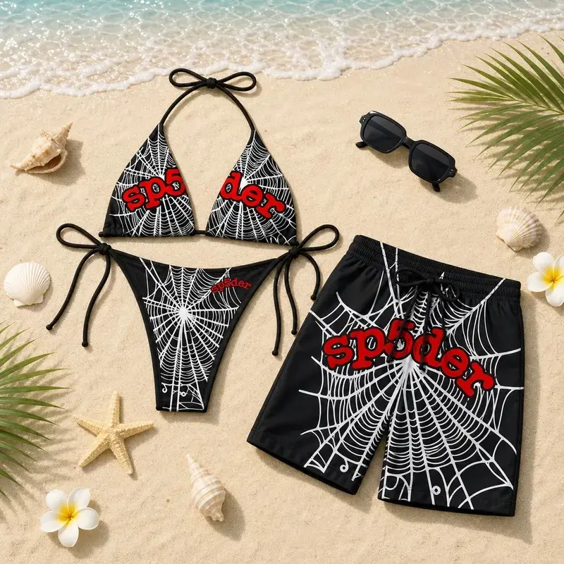 Sp5der Web Matching Couple Swimwear Set 2026 – Y2K Goth Bikini & Men’s Beach Shorts, Spider Web Bikini Vacation Pool Party Outfit