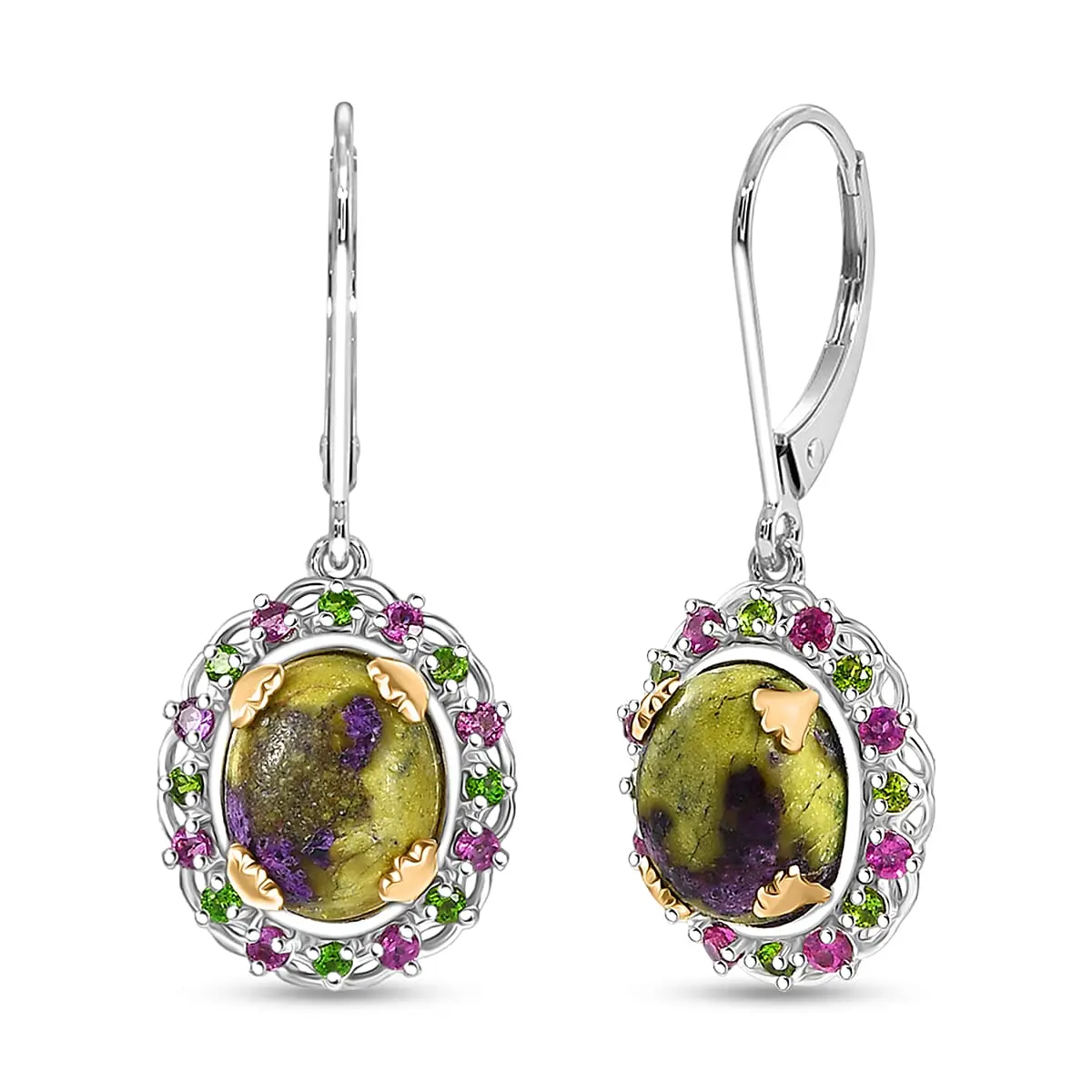 EverTrue Tasmanian Stichtite and Multi Gemstone 8.90 ctw Garden of the Earth Earrings in 18K YG Plated and Platinum Bond