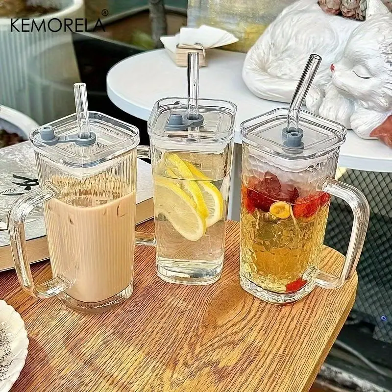Striped Glass Cup with Lid & Straw, 1 Count Transparent Coffee Mug, Cold Drink Glasses for Juice Milk Tea, Reusable Straw Cup