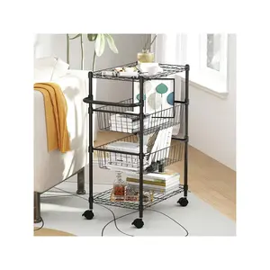 4 Tier Rolling Carts, Metal Wire Utility Cart With Wheels & Handle Bar, 110 Lbs Heavy Duty Kitchen Serving Trolley Food Storage Cart For Restaurant, Kitchen Mobile Shelf Organizer, Black