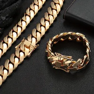 2pcs Miami Cuban Link Chain Set For Men Hip Hop Jewelry 14mm Stainless Steel 18K Golden Plated Lock Buckle Bracelet Necklace Set