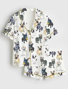 Women’s French Bulldog Print Satin Pajama Set Cute Dog Sleepwear