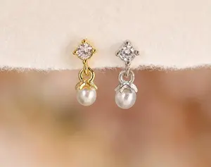 Titanium Pearl CZ Dangling Earring Stud, 18G/16G Flat Back Earring, Helix Stud, Cartilage Stud, Gift for Her, Women Earring