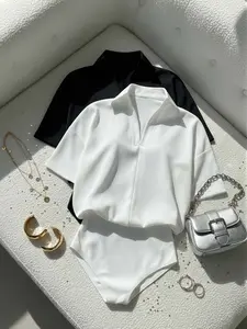 Spring Summer New Women's Fashion Comfortable Collared Short Sleeve Jumpsuit Set, Casual Fitted Basic Plain Design, Office Wear Outfit