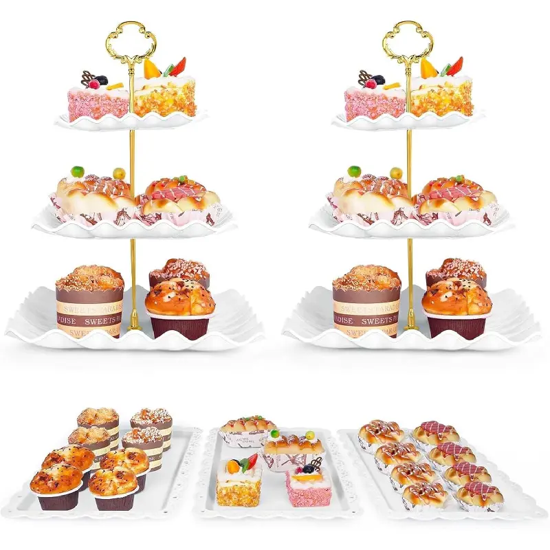 5 Pcs Dessert Table Display Set - 2 Pcs 3-Tier Dessert Display Stands & 3 Pcs Serving Tray - Dessert Trays Dessert Stands Treat Table Displays Set for Tea Parties,Birthdays & Baby Showers