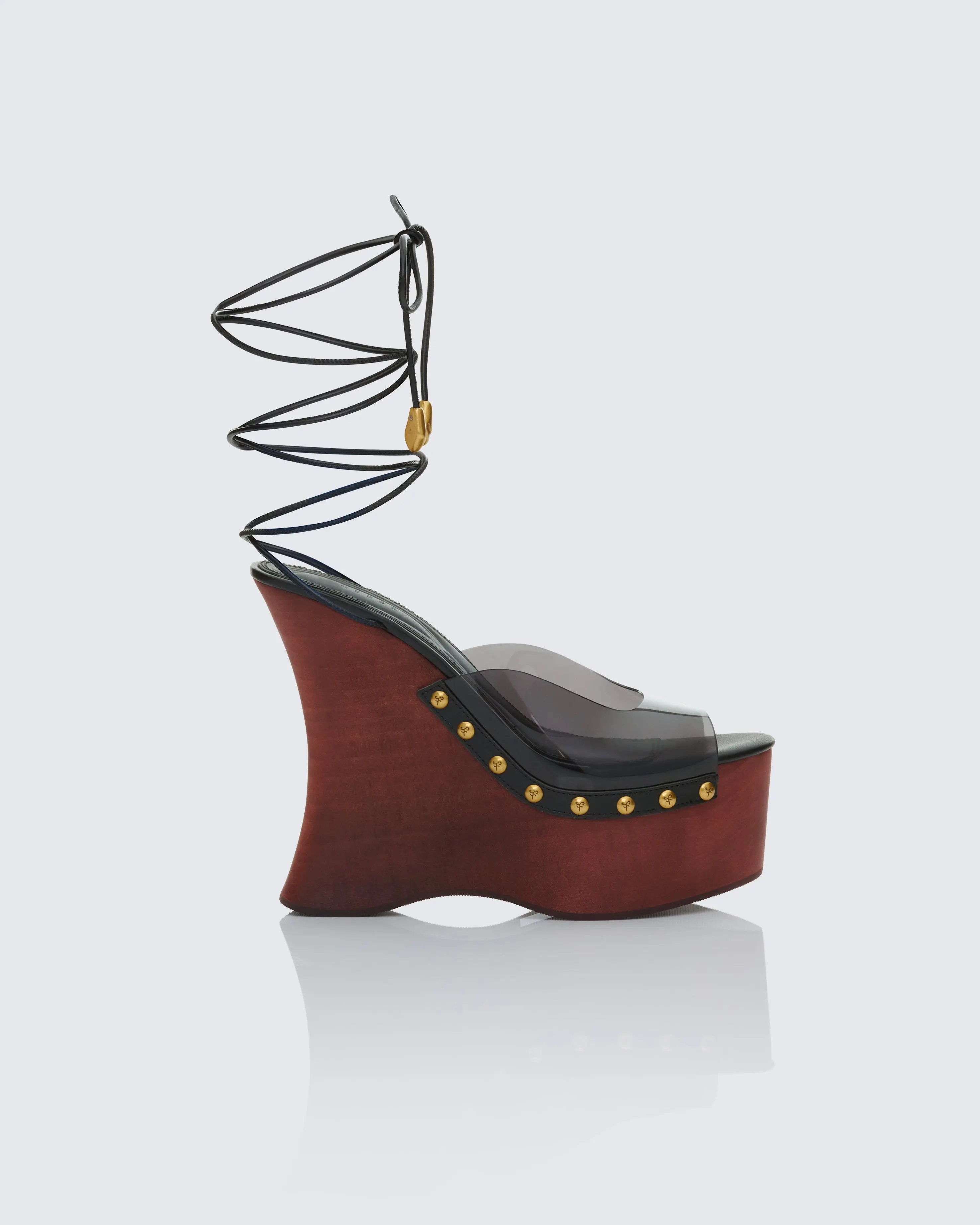 Women's Studded Platform Wedge Sandals, Red Sculptural High Heels with Transparent TPU Ankle Wrap, Trendy Polyurethane Party Shoes, Platform Party Shoes, Wedges