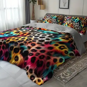 3pcs Leopard Print Quilt Set, Soft Polyester Fabric, Zipper Design, Modern Style Bedding Essentials, Must-Have Home Decor