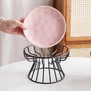 Ceramic Pet Bowl with Iron Frame, 1 Set Anti-knock Cat Food Bowl with Frame, High Foot Pet Feeding Bowl, Pet Supplies for Dogs & Cats