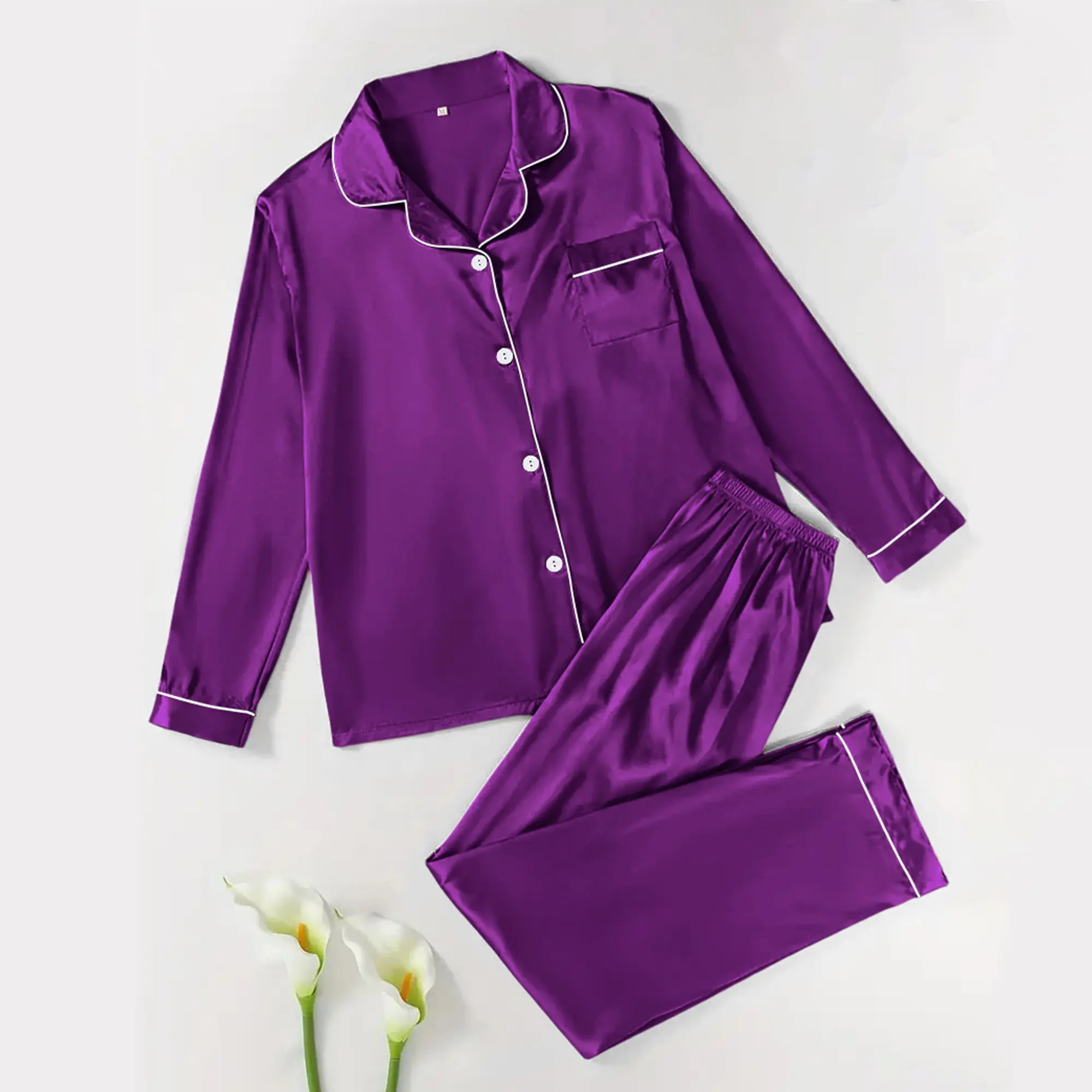 Lady's Satin Pajama Set, Casual 2-Piece Loungewear with a Long Sleeve Collared Top and Elastic Waist Pants, Nightwear, Basic, Pyjamas, Elastic Waist Ease, Light Satin, Minimalist