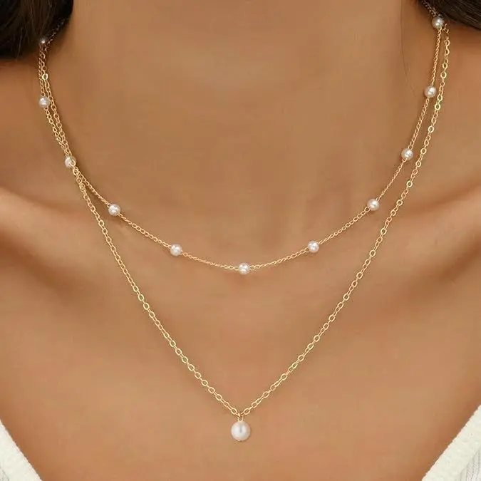 Gold Necklace for Women, Dainty 2-Layer French Style Jewelry with Faux Pearls, 18-Karat Gold-Plated Elegant Fashion Accessories, Fashion Necklace