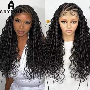 Anytime Synthetic Braided Cornrow Wig, 13×6 Lace Front, Knotless Box Braids, Partitioned Design, Curly Hair, for African Women