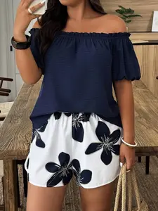 Plus Size Women's off Shoulder Top Two-Piece Set, Floral Print Shorts with Pockets, Casual Summer, Comfortable and Stylish