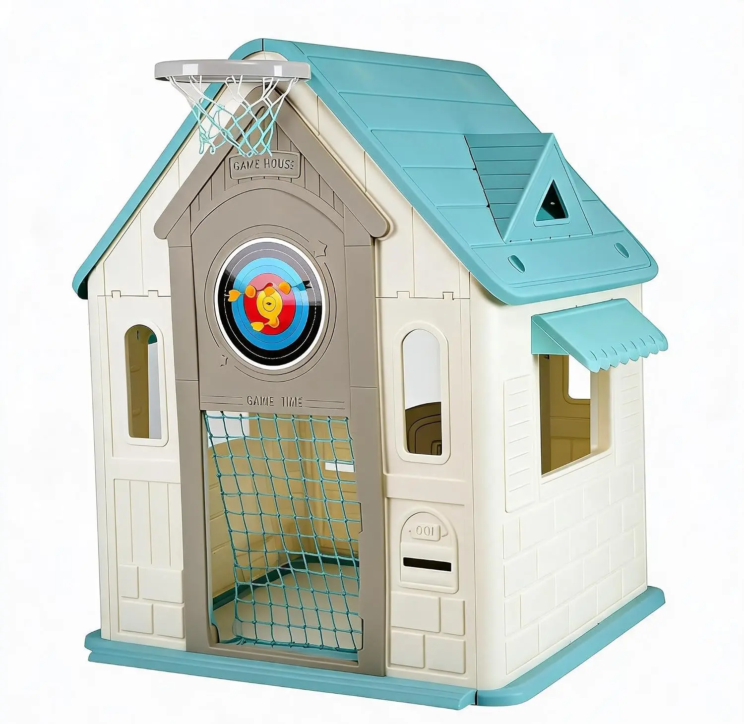 Plastic Cottage-Look Multi-Game Playhouse for Indoor-Outdoor Use - Basketball Hoop, Magnetic Dartboard, Ring Toss, Soccer Goal, Game Mailbox