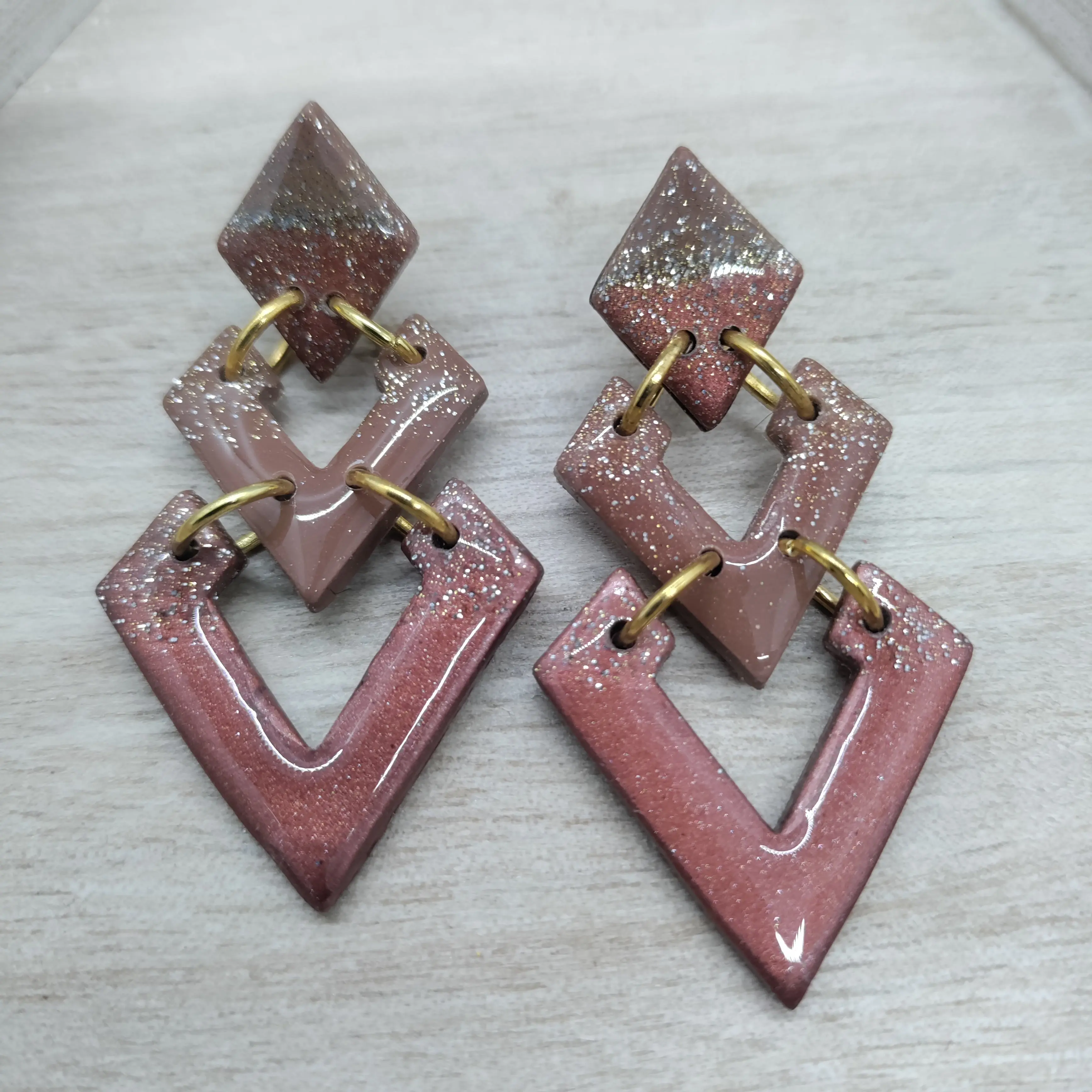 Modern Lightweight Bronze Chevron Geometric Polymer Clay Dangle Earrings with Glitter Finish