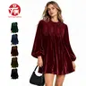 Tanming Womens Velvet Mini Dress - Long Lantern Sleeve Babydoll Dress with Crochet Lace Patchwork Swing Dress - Fall Winter Spring Casual Party Cocktail Holiday Date Night Outfit