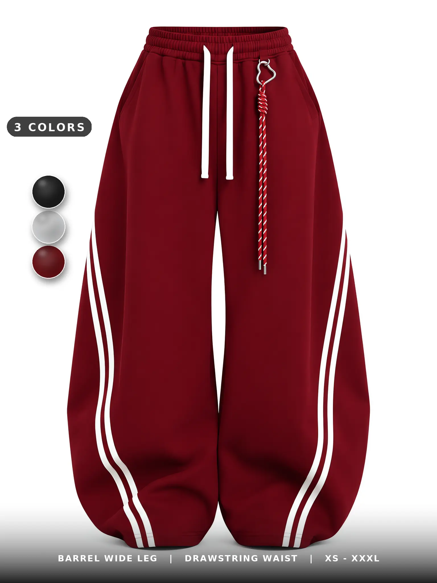 Plus-size women’s bucket-style wide-leg fleece athletic pants with side double stripes, high waist with drawstring